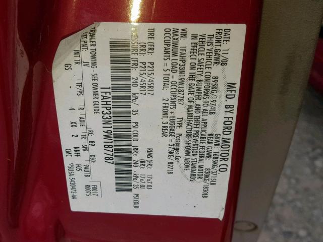 1FAHP33N19W187787 - 2009 FORD FOCUS SES RED photo 10