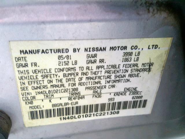 1N4DL01D21C221308 - 2001 NISSAN ALTIMA XE SILVER photo 10