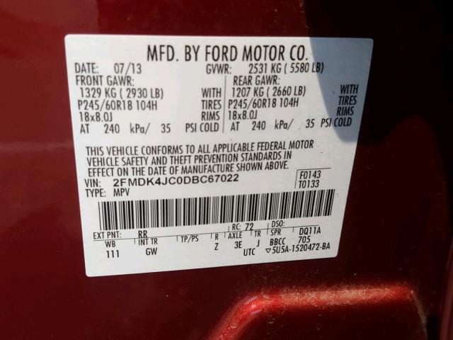 2FMDK4JC0DBC67022 - 2013 FORD EDGE SEL BURGUNDY photo 10