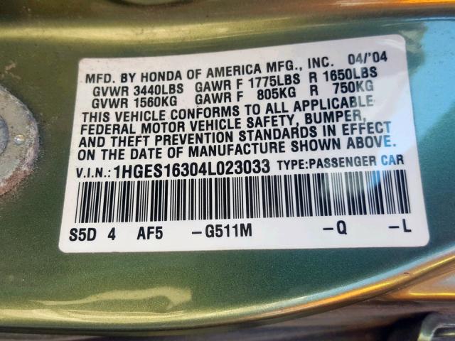 1HGES16304L023033 - 2004 HONDA CIVIC DX GREEN photo 10