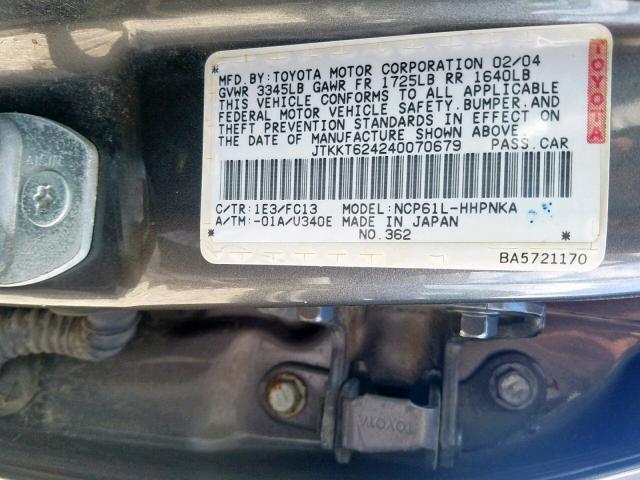 JTKKT624240070679 - 2004 TOYOTA SCION XA SILVER photo 10