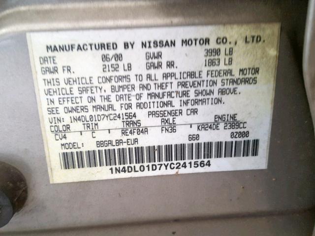 1N4DL01D7YC241564 - 2000 NISSAN ALTIMA XE BEIGE photo 10