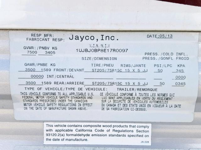 1UJBJ0BP8E17R0097 - 2014 JAYCO JAYFLIGHT  WHITE photo 10