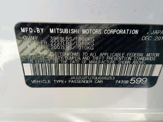 JA32U2FU7GU006253 - 2016 MITSUBISHI LANCER ES WHITE photo 10