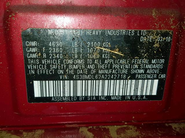 4S3BMDL62A2242718 - 2010 SUBARU LEGACY 3.6 RED photo 10