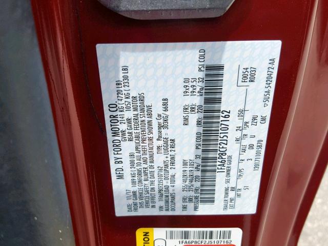 1FA6P8CF2J5107162 - 2018 FORD MUSTANG GT RED photo 10