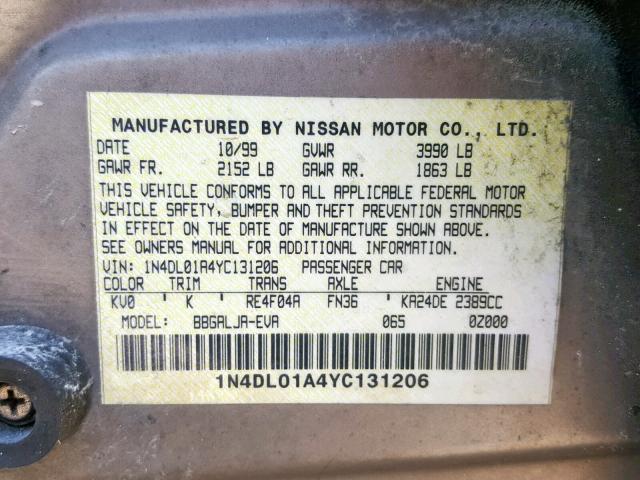 1N4DL01A4YC131206 - 2000 NISSAN ALTIMA XE GRAY photo 10