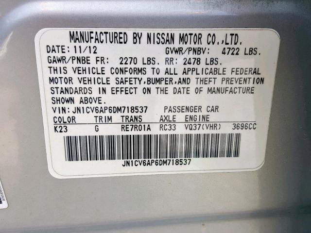 JN1CV6AP6DM718537 - 2013 INFINITI G37 BASE SILVER photo 10