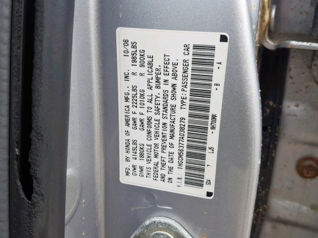 1HGCM56377A038279 - 2007 HONDA ACCORD SE SILVER photo 10