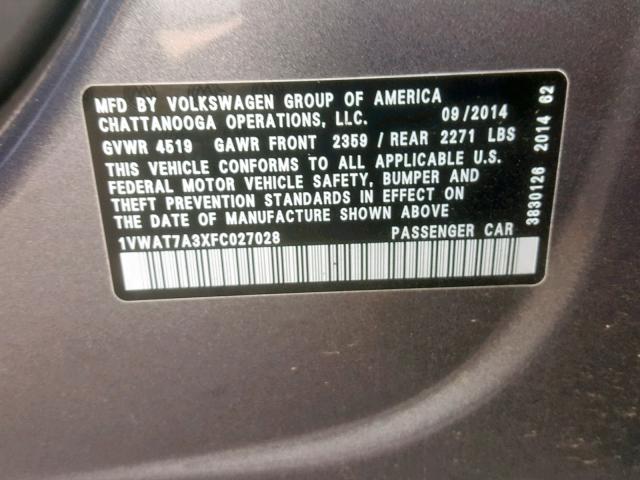 1VWAT7A3XFC027028 - 2015 VOLKSWAGEN PASSAT S GRAY photo 10