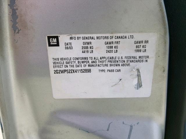 2G2WP522X41152898 - 2004 PONTIAC GRAND PRIX GRAY photo 10