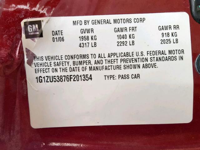 1G1ZU53876F201354 - 2006 CHEVROLET MALIBU LTZ მუქწითელი ფოტო 10