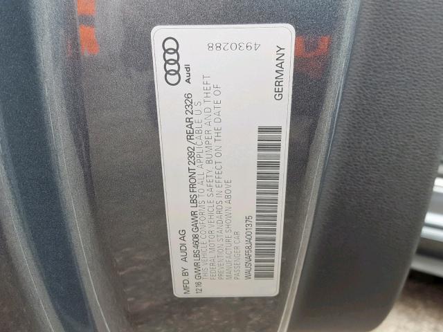 WAUSNAF58JA001375 - 2018 AUDI A5 PREMIUM GRAY photo 10