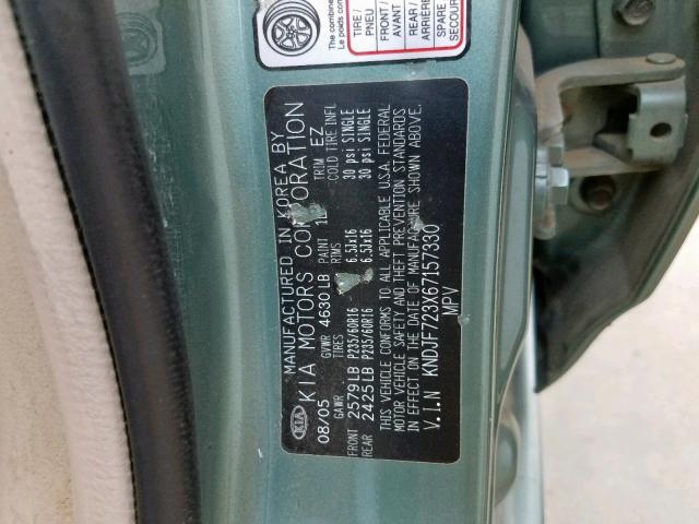 KNDJF723X67157330 - 2006 KIA NEW SPORTA GREEN photo 10