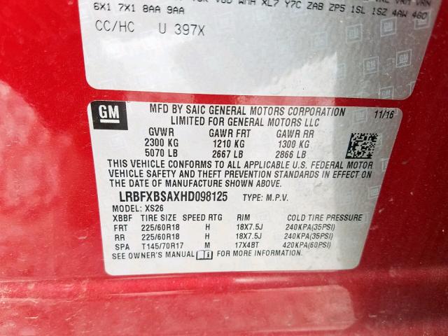 LRBFXBSAXHD098125 - 2017 BUICK ENVISION E RED photo 10