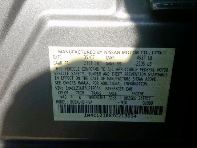 1N4CL21E87C219054 - 2007 NISSAN ALTIMA HYB GRAY photo 10