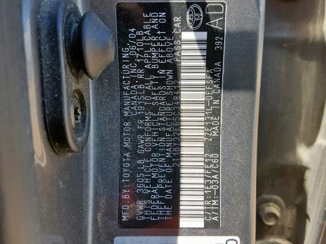 2T1BY32E65C348412 - 2005 TOYOTA COROLLA XR GRAY photo 10