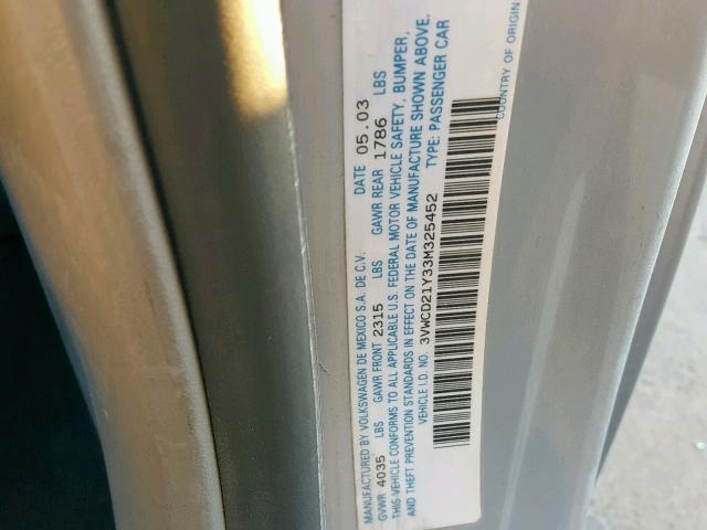 3VWCD21Y33M325452 - 2003 VOLKSWAGEN NEW BEETLE SILVER photo 10