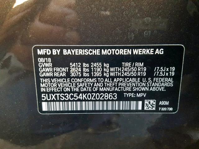 5UXTS3C54K0Z02863 - 2019 BMW X3 XDRIVEM GRAY photo 10