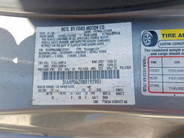 3FAHP06Z08R192901 - 2008 FORD FUSION S TAN photo 10