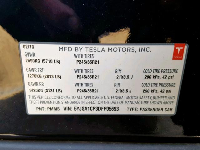 5YJSA1CP3DFP05693 - 2013 TESLA MODEL S BLUE photo 10