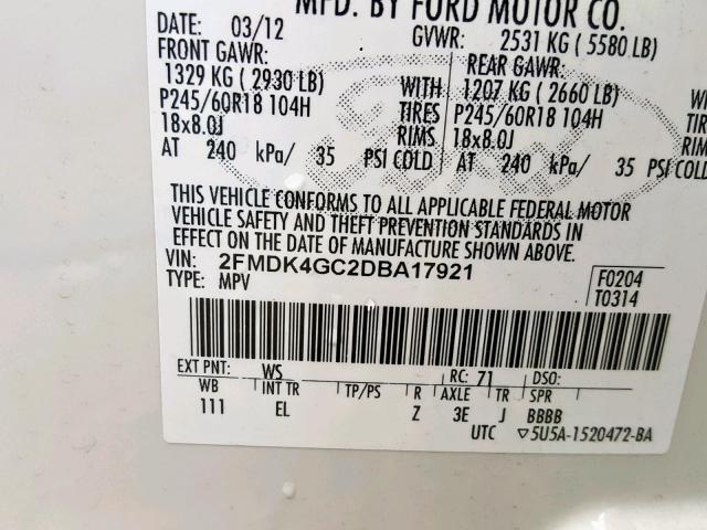 2FMDK4GC2DBA17921 - 2013 FORD EDGE SE WHITE photo 10