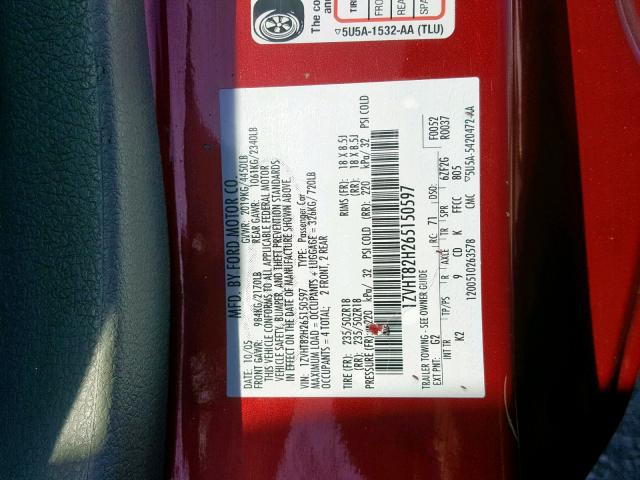 1ZVHT82H265150597 - 2006 FORD MUSTANG GT RED photo 10