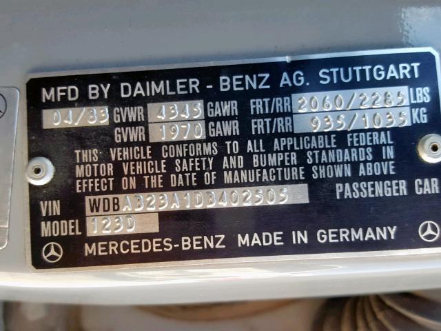 WDBAB23A1DB402505 - 1983 MERCEDES-BENZ 240 D GRAY photo 10