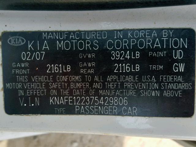 KNAFE122375429806 - 2007 KIA SPECTRA EX WHITE photo 10