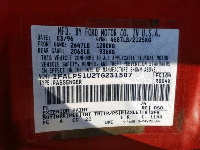 1FALP51U2TG231507 - 1996 FORD TAURUS G RED photo 10