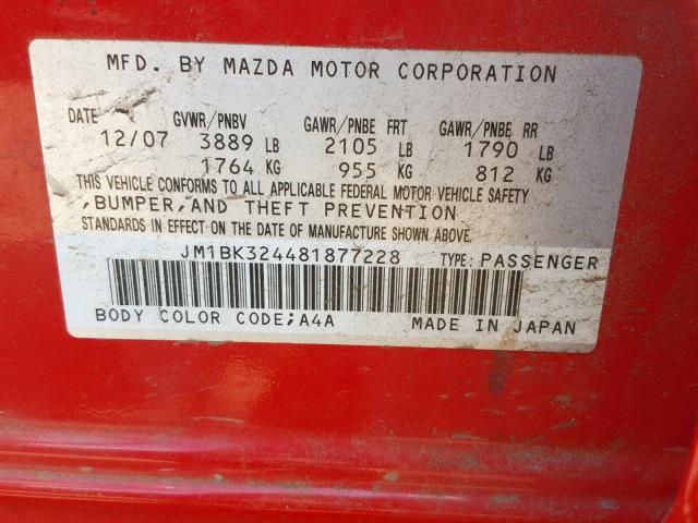 JM1BK324481877228 - 2008 MAZDA 3 S RED photo 10