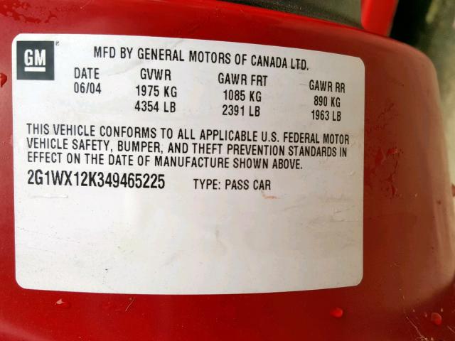 2G1WX12K349465225 - 2004 CHEVROLET MONTE CARL RED photo 10