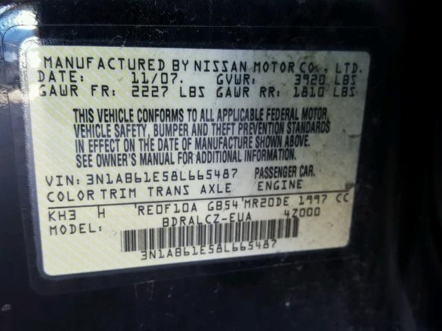 3N1AB61E58L665487 - 2008 NISSAN SENTRA 2.0 BLUE photo 10