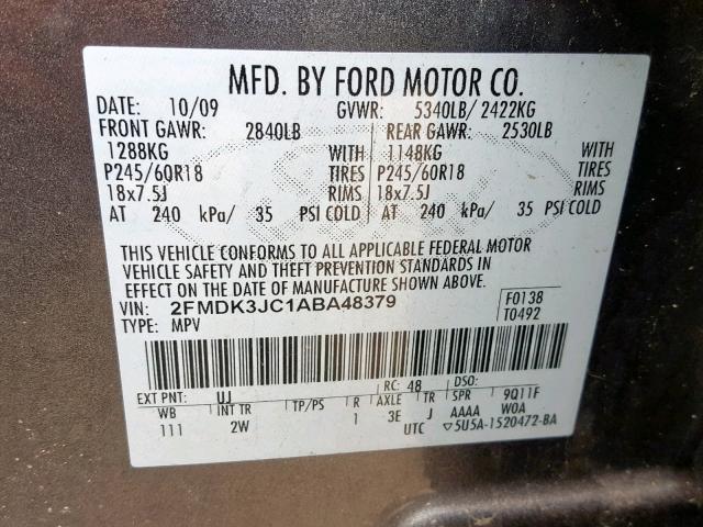 2FMDK3JC1ABA48379 - 2010 FORD EDGE SEL GRAY photo 10