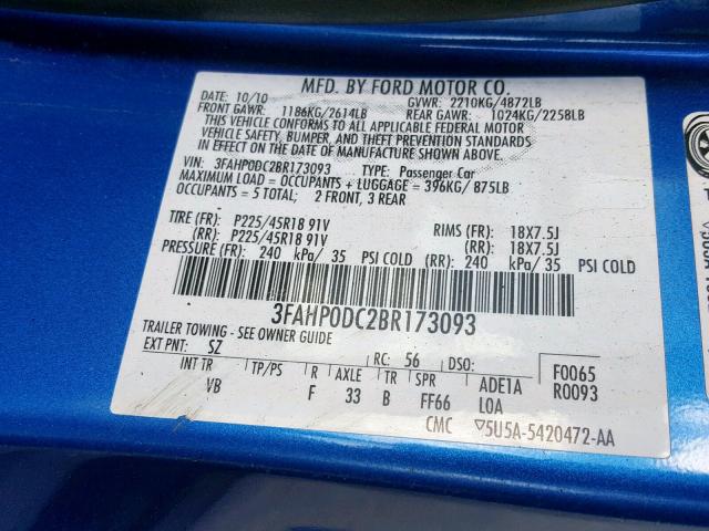 3FAHP0DC2BR173093 - 2011 FORD FUSION SPO BLUE photo 10