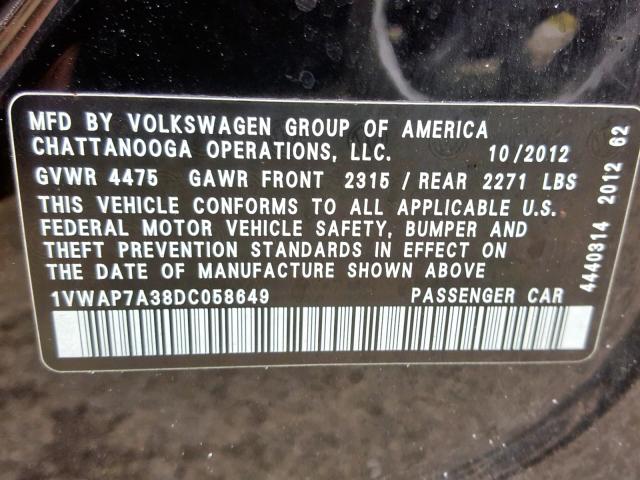 1VWAP7A38DC058649 - 2013 VOLKSWAGEN PASSAT S BLACK photo 10