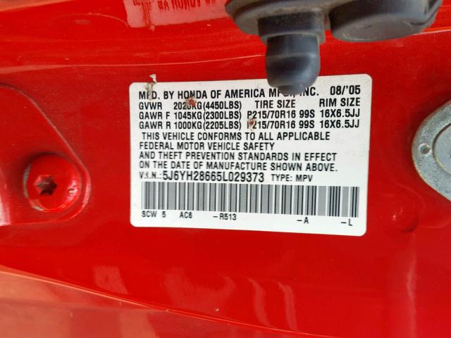 5J6YH28665L029373 - 2005 HONDA ELEMENT EX RED photo 10