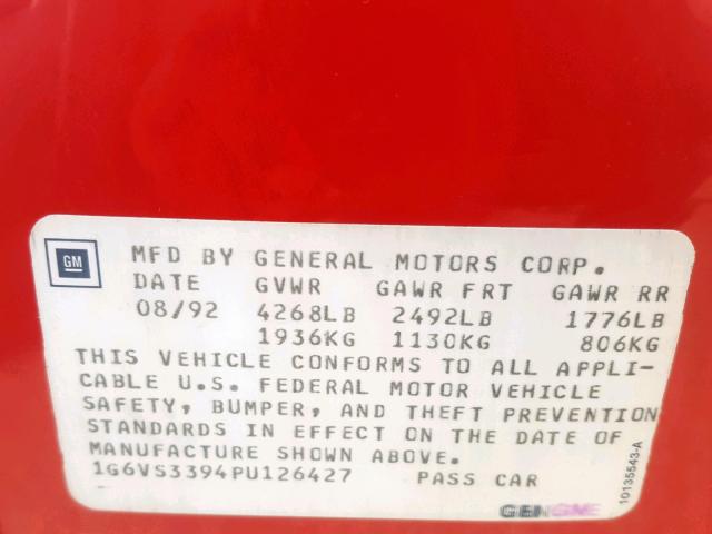 1G6VS3394PU126427 - 1993 CADILLAC ALLANTE RED photo 10