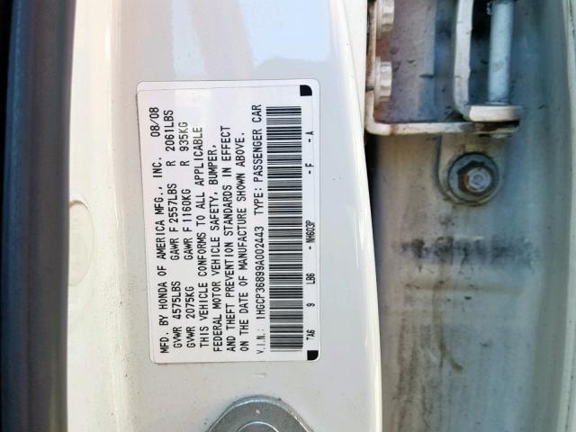 1HGCP36899A002443 - 2009 HONDA ACCORD EXL WHITE photo 10