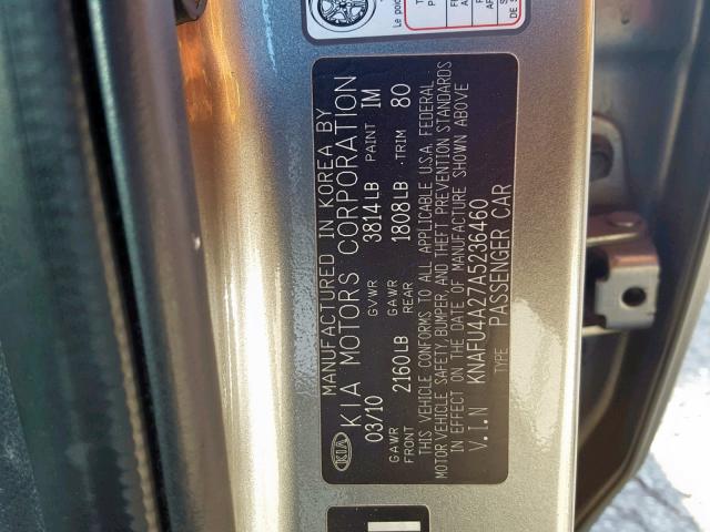 KNAFU4A27A5236460 - 2010 KIA FORTE EX GRAY photo 10