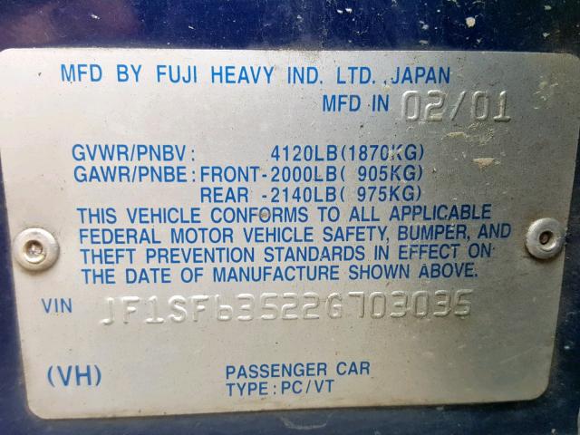 JF1SF63522G703035 - 2002 SUBARU FORESTER L BLUE photo 10