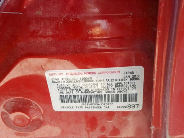 JA32V6FV5AU023735 - 2010 MITSUBISHI LANCER RAL RED photo 10