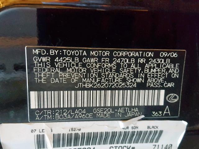 JTHBK262072025324 - 2007 LEXUS IS 250 BLACK photo 10