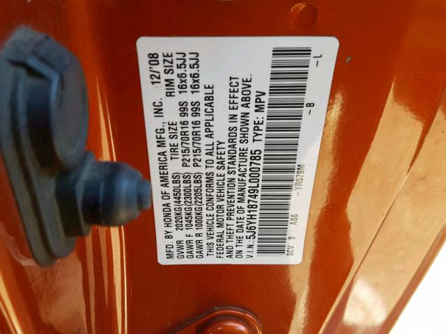 5J6YH18749L000785 - 2009 HONDA ELEMENT EX ORANGE photo 10