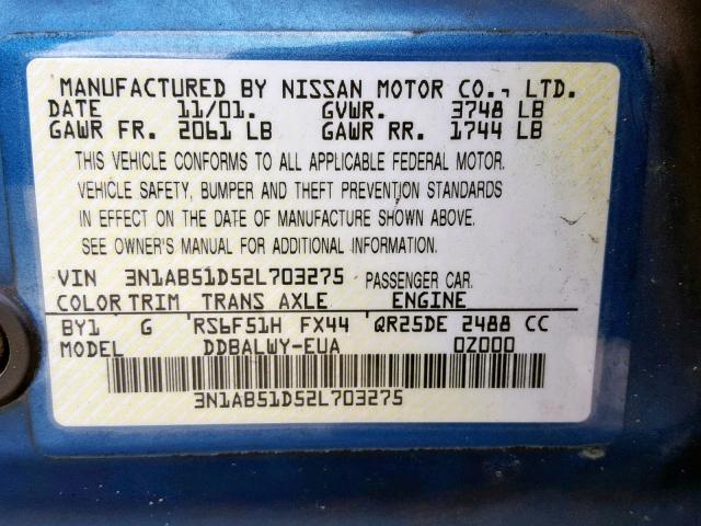 3N1AB51D52L703275 - 2002 NISSAN SENTRA SE- BLUE photo 10