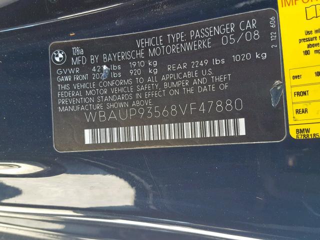 WBAUP93568VF47880 - 2008 BMW 128 I BLUE photo 10