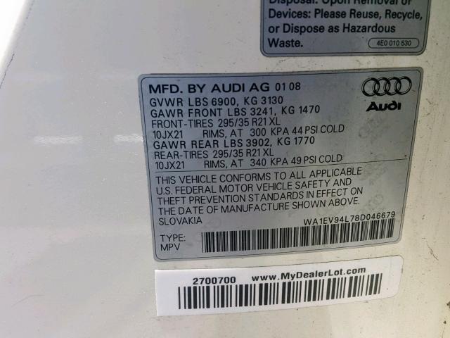 WA1EV94L78D046679 - 2008 AUDI Q7 4.2 QUA WHITE photo 10