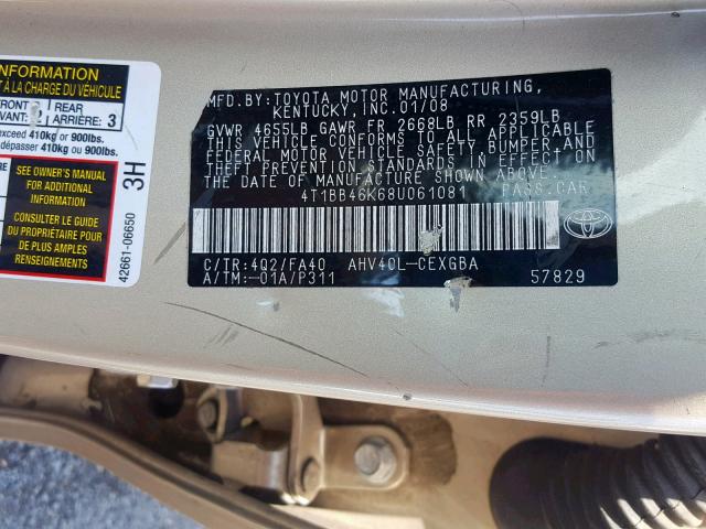 4T1BB46K68U061081 - 2008 TOYOTA CAMRY HYBR CREAM photo 10