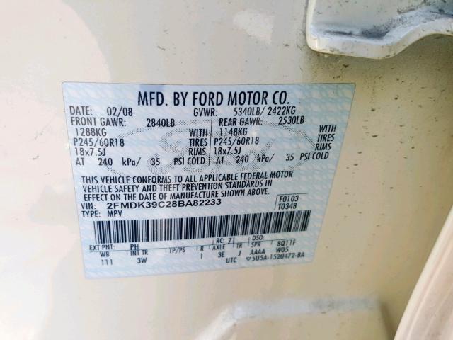 2FMDK39C28BA82233 - 2008 FORD EDGE LIMIT WHITE photo 10