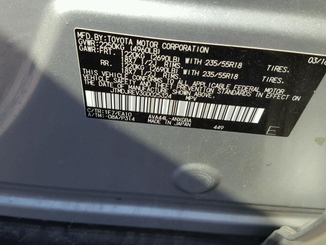 JTMDJREV3GD025324 - 2016 TOYOTA RAV4 HV LI SILVER photo 10